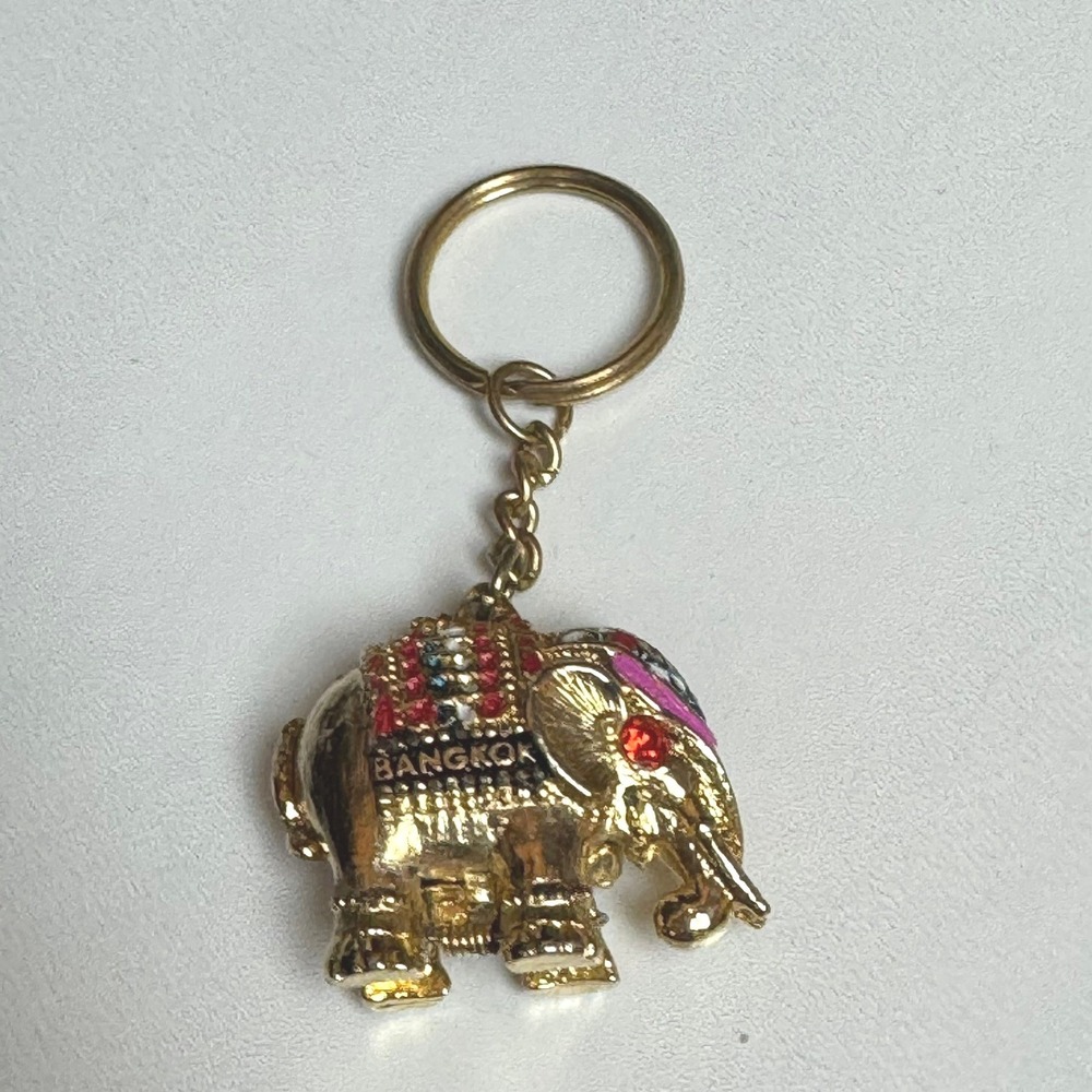 Gold Elephant Keychain Bangkok‎ Thailand Souvenir Rhinestone Embellished Locket